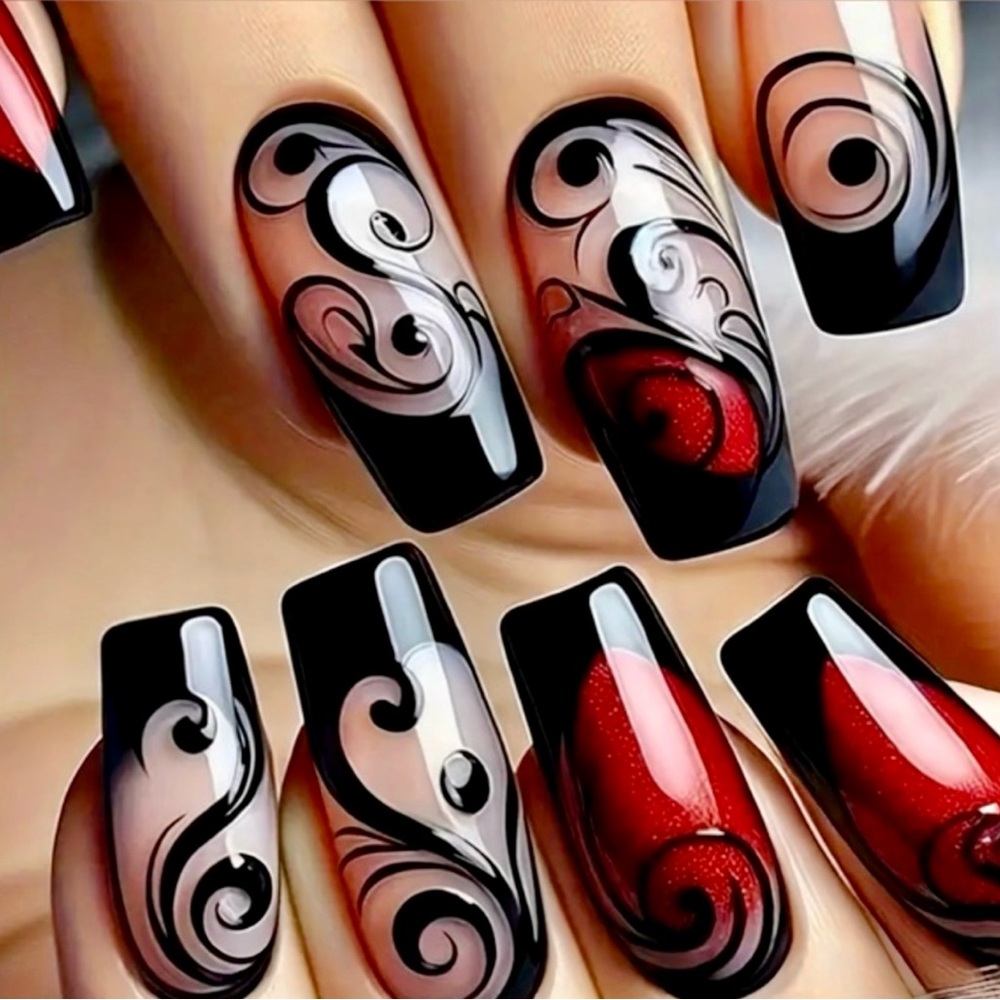 24pcs Long Square Nail Tips, Black & Red Vine Design with a Glossy Finish.
